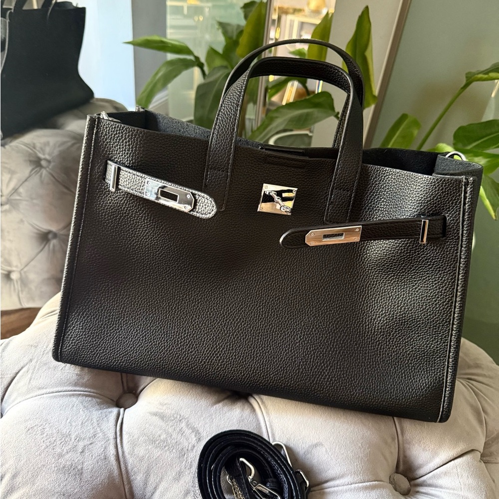 Classic Black Leather Tote with Silver Hardware